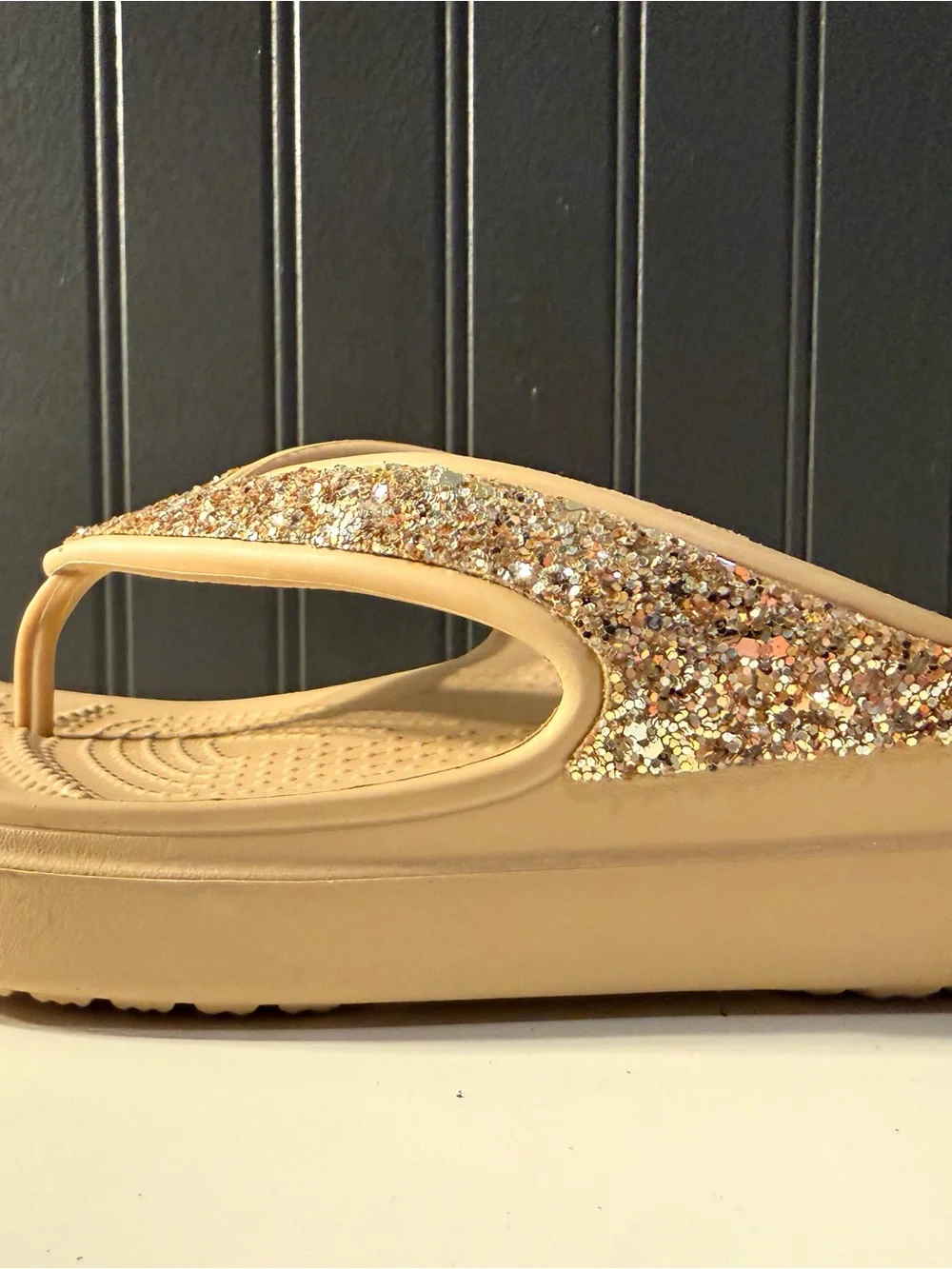 CROCS Beige Platform Flip Flop Sandals with Gold Glitter Straps